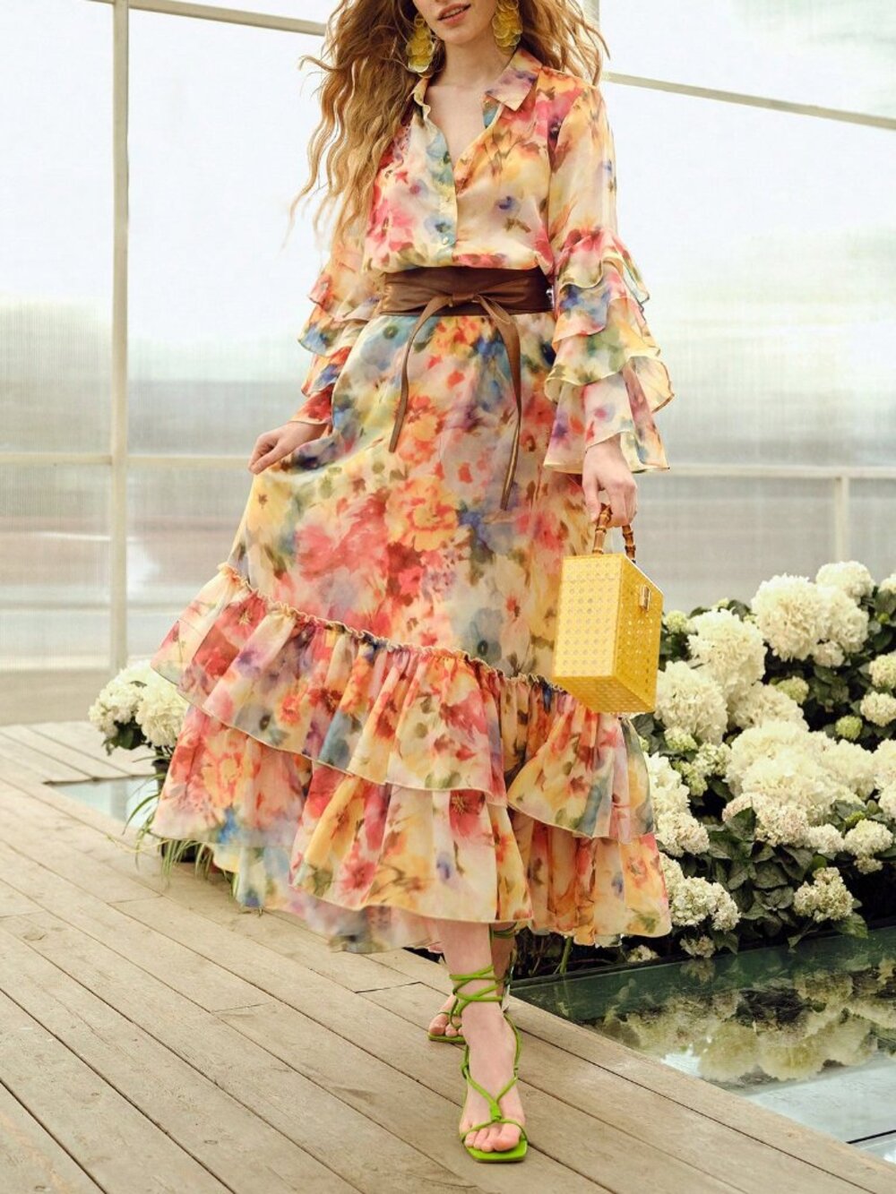 Multicolor Boho Womens Premium Romantic Elegant floral Printed ruffle maxi Skirt - Picture 2 of 7